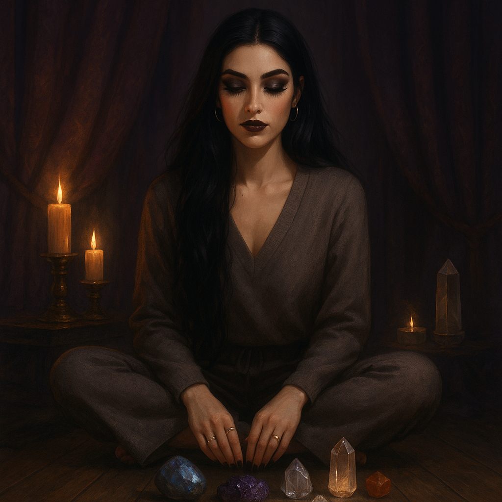 Illustration of a woman with long black hair in meditation in a candlelit room, surrounded by crystals
